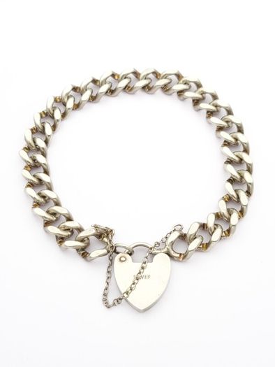 Signed Chunky Curb Chain Heart Padlock 925 Silver Bracelet