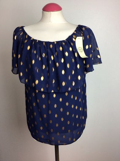 Navy blue & gold print chiffon off shoulder blouse top BNWTS size 12 including postage