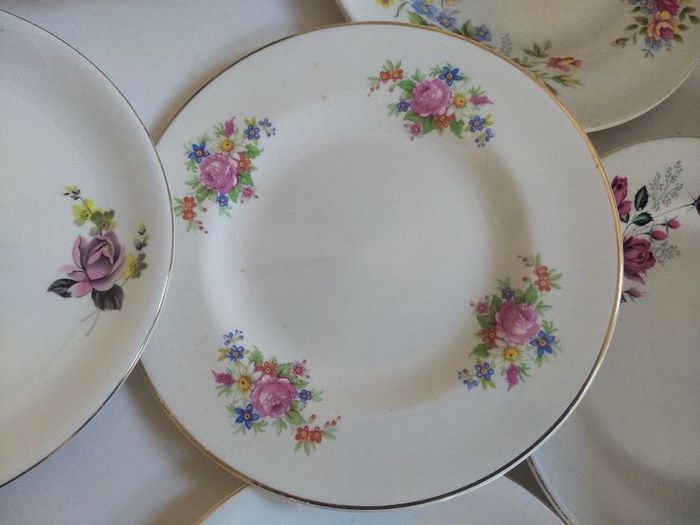 Lovely Mix and Match Set of Nine Vintage Shabby Chic Floral Tea Plates by Arklow Pottery, Carrigaline Pottery and Alfred Meakin