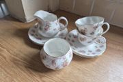2 person Tea set with milk jug, sugar bowl and 2 side cake plates