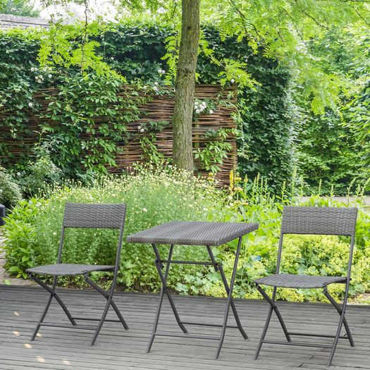 2-Seater Chair Bistro Set Garden Patio Table & Chair Black Rattan Furniture Grey
