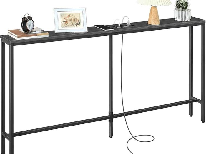 Skinny Console Table with Power Outlets, 160 cm Narrow Sofa Table, Behind Couch Table with Charging Station for Plants, Living Room, Black