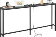Skinny Console Table with Power Outlets, 160 cm Narrow Sofa Table, Behind Couch Table with Charging Station for Plants, Living Room, Black