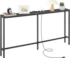 Skinny Console Table with Power Outlets, 160 cm Narrow Sofa Table, Behind Couch Table with Charging Station for Plants, Living Room, Black
