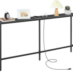 Skinny Console Table with Power Outlets, 160 cm Narrow Sofa Table, Behind Couch Table with Charging Station for Plants, Living Room, Black