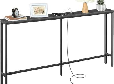 Skinny Console Table with Power Outlets, 160 cm Narrow Sofa Table, Behind Couch Table with Charging Station for Plants, Living Room, Black