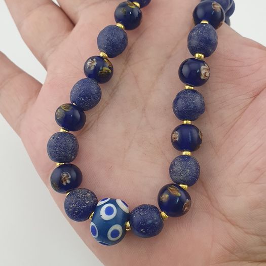 Antique Venetian African Style Floral & African Blue Glass Beads Necklace