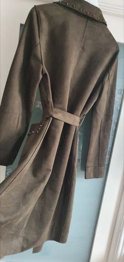 MADISON khaki midi length coat with stud detail open front with tie Sz L (12-16 UK) - Rrp 289 (New)