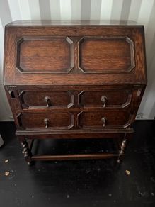 Vintage Jacobean Style Oak Bureau Desk - Leather Inset & Barley Twist Legs