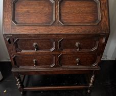 Vintage Jacobean Style Oak Bureau Desk - Leather Inset & Barley Twist Legs