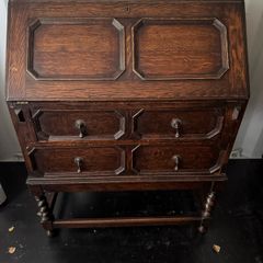 Vintage Jacobean Style Oak Bureau Desk - Leather Inset & Barley Twist Legs