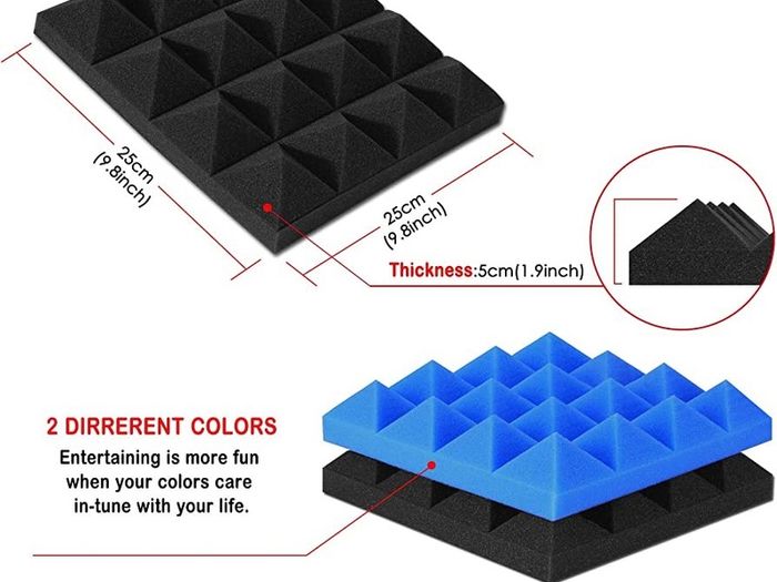 Acoustic Foam Tiles, 24 Packs Soundproof Studio Foams 25x25x5CM Blue and Black Pyramid Acoustic Panels Home Studio Sound Treatment (FREE POSTAGE)
