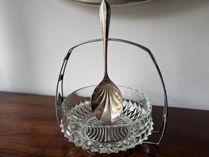 Vintage Cut Glass Serving Bowl with Decorative Stand & EPNS Spoon