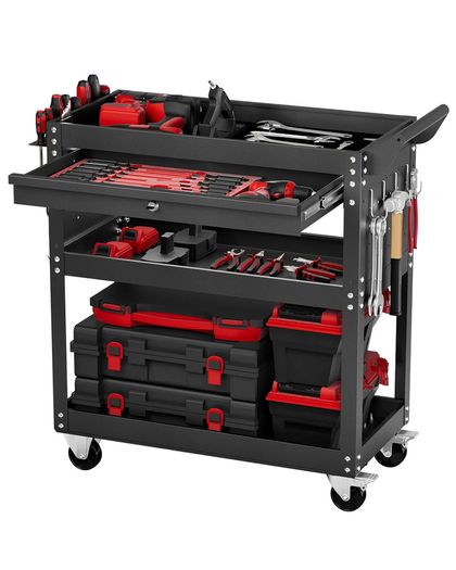 4-Tier Tool Cart with Wheels, 350 lbs Load Capacity, Rolling Work Cart with Drawer & Pegboard, Mechanic Tool Storage Organizer with Locking System for Garage, Warehouse and Repair Shop, Black
