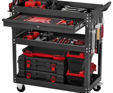 4-Tier Tool Cart with Wheels, 350 lbs Load Capacity, Rolling Work Cart with Drawer & Pegboard, Mechanic Tool Storage Organizer with Locking System for Garage, Warehouse and Repair Shop, Black