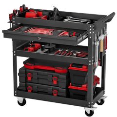 4-Tier Tool Cart with Wheels, 350 lbs Load Capacity, Rolling Work Cart with Drawer & Pegboard, Mechanic Tool Storage Organizer with Locking System for Garage, Warehouse and Repair Shop, Black
