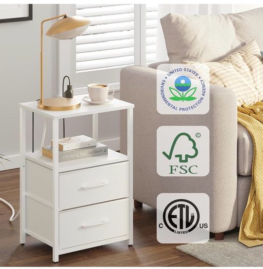 Bedside Table with Charging Station, Side Table with 2 USB Ports and Outlets, Nightstand with Cloth Drawer, Set of 2, End Table, White