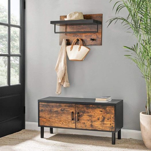 _Wall Coat Rack in Industrial Design, Vintage with 3 Hooks, Bar and Shelf 40 x 60 x 21.5 cm, Wood/Black