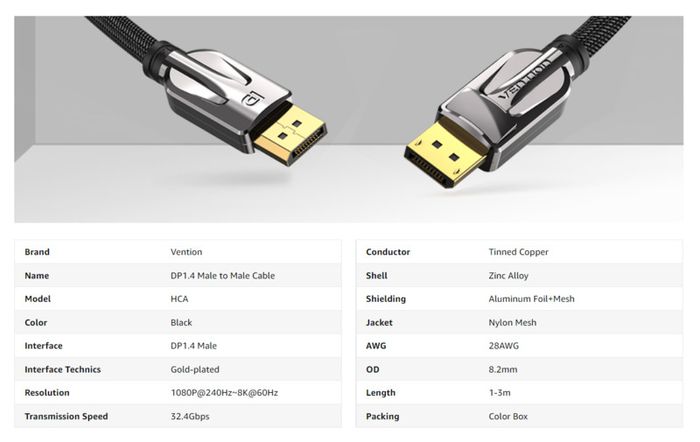 VENTION 3M Premium DisplayPort 1.4 UHD/3D 8K (7680x4320@60Hz) 32.4Gbps Luxury Model (Zinc Alloy/Nylon Braided/Gold Plated) Cable (Brand New/Warranty)