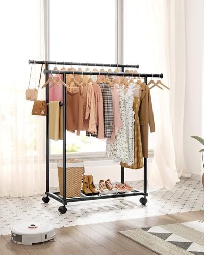 Double Rod Clothing Rack with Shelf & Wheels, 98x42x150cm, Black