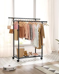 Double Rod Clothing Rack with Shelf & Wheels, 98x42x150cm, Black