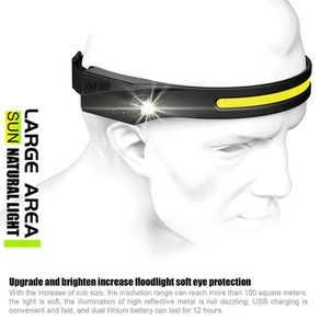 COB LED Headlamp Sensor Headlight with Built-in Battery Flashlight USB Rechargeable Head Lamp Torch 5 Lighting Modes Work Light Running Walking Cycling Bike