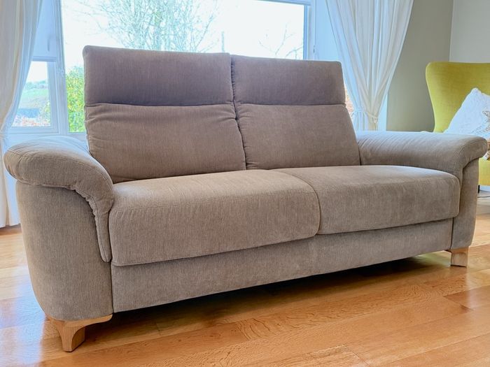 Two-seater sofa and foot stool taupe velvet