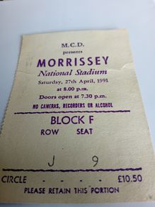 Morrissey  Concert Ticket From 1991 National Stadium.