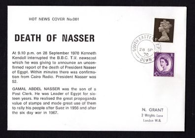 1970 Great Britain cover (Not News Cover No 001) marking the passing of President Nasser of Egypt tying definitive stamp