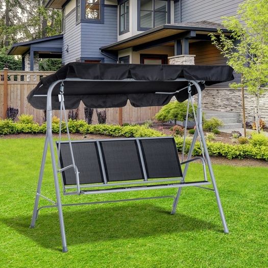 Metal Garden Swing Chair, 3-Seater Swing Seat, Patio Hammock Bench Canopy Lounger, Black