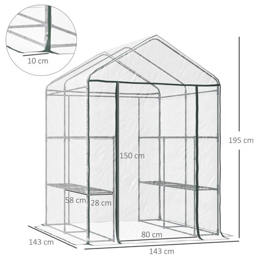 Walk in Greenhouse, 3-Tier Green House with 8 Shelves, Hemmed Cover and Roll-up Zipped Door, Steel Frame, 143 x 143 x 195 cm