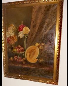 Large antique still life oil on canvas