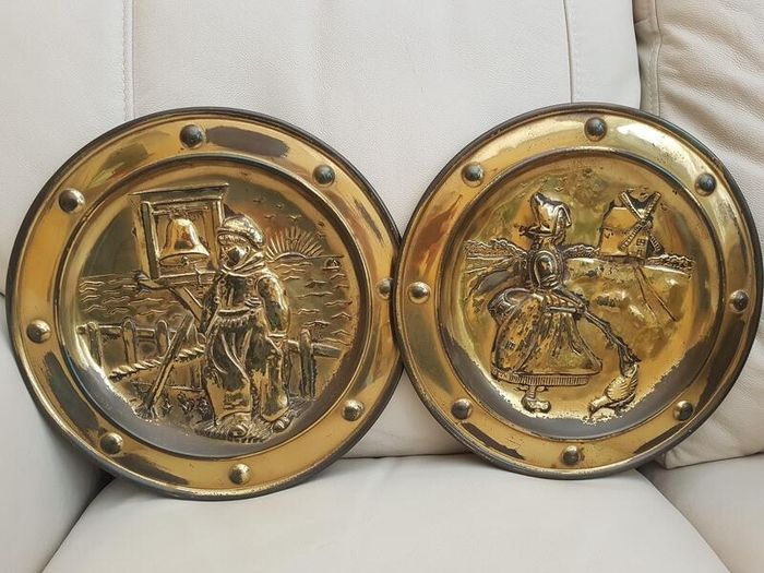 Pair of Vintage Brass Circular Embossed Plate Plaques