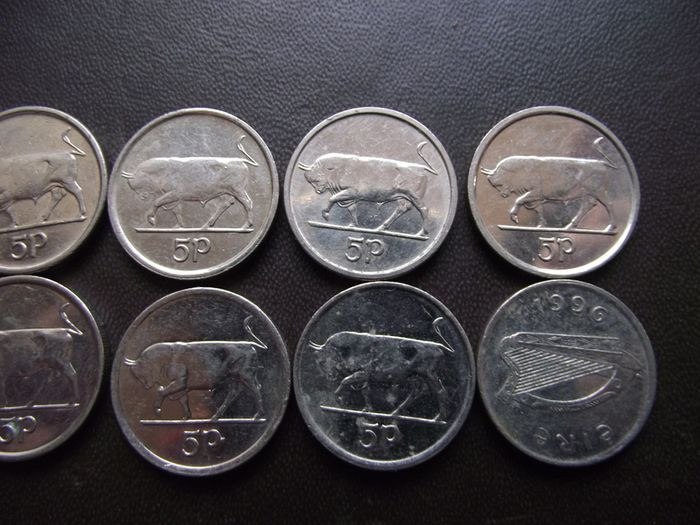 10 Irish 5 pence coins (1993-2000). Nice Condition!