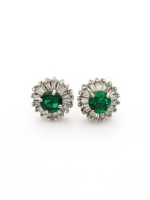 925 Sterling Silver Green Glass & Cubic Zirconia Stud Earrings
