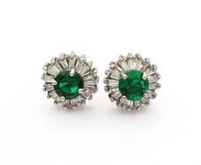 925 Sterling Silver Green Glass & Cubic Zirconia Stud Earrings