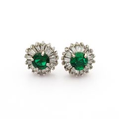 925 Sterling Silver Green Glass & Cubic Zirconia Stud Earrings