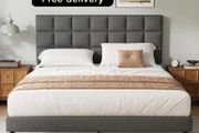 Double Bed Frame, Easy Assembly, Sturdy Wooden Slat Support, Upholstered Platform with Headboard, No Box Spring Needed, Gray Double Bed 135x190
