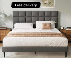 Double Bed Frame, Easy Assembly, Sturdy Wooden Slat Support, Upholstered Platform with Headboard, No Box Spring Needed, Gray Double Bed 135x190