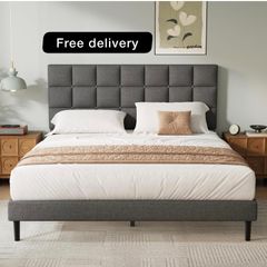 Double Bed Frame, Easy Assembly, Sturdy Wooden Slat Support, Upholstered Platform with Headboard, No Box Spring Needed, Gray Double Bed 135x190