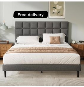 Double Bed Frame, Easy Assembly, Sturdy Wooden Slat Support, Upholstered Platform with Headboard, No Box Spring Needed, Gray Double Bed 135x190