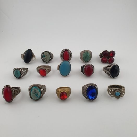 15 Rustic Brass Rings Mixed Traditional Glass & Stone Ring Collection