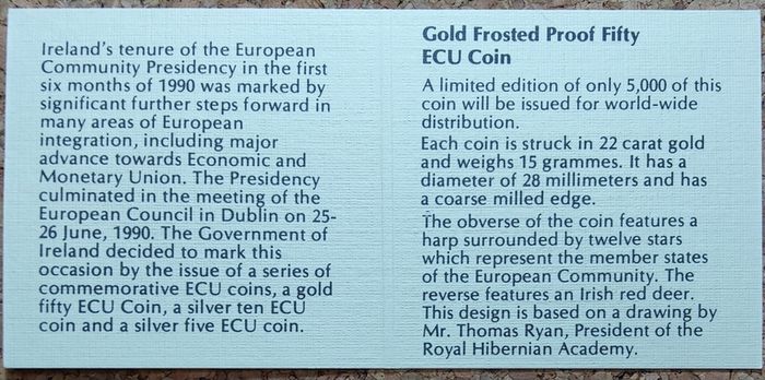 Ireland 50 ECU Gold (.917) Proof Coin 1990 - EEC Council Meeting in Dublin - NO CASE