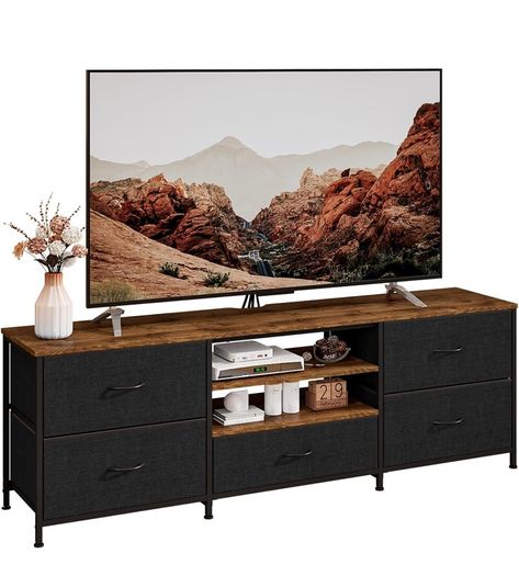 TV Stand Cabinet, TV Unit with 5 Drawers, 140 cm, Black TV Console Table with Storage Organizers, Entertainment Center with Open Shelf for Living Room, Bedroom