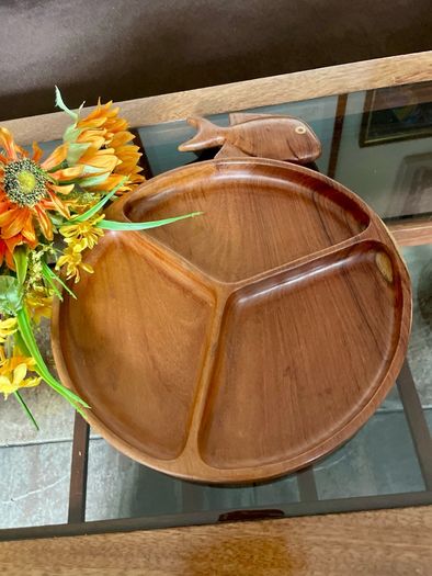 Vintage Teak Mid Century Divided Serving Platter Carved Handle Retro Stylised Fish
