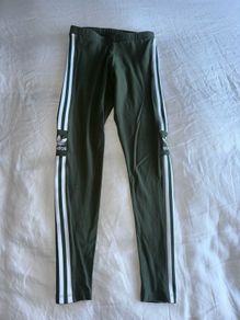 Adidas Women's Green Leggings with White Stripes - size UK 8