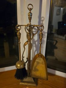 Vintage Brass Fireplace Companion Set. Poker, Tongs, Brush & Shovel