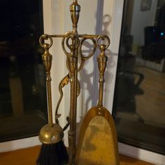 Vintage Brass Fireplace Companion Set. Poker, Tongs, Brush & Shovel
