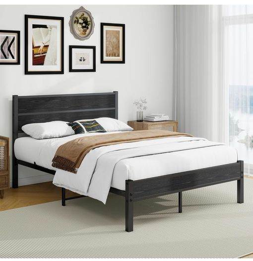 Double Bed Frame with Wooden Headboard