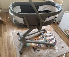 Chicco hug 5 in 1 bassinet/next to me. Mattress free. High chair table included